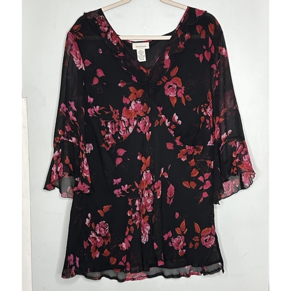 Avenue Women Silk Floral Top Pullover Sheer Flowy Blouse Pink and Black Whimsy